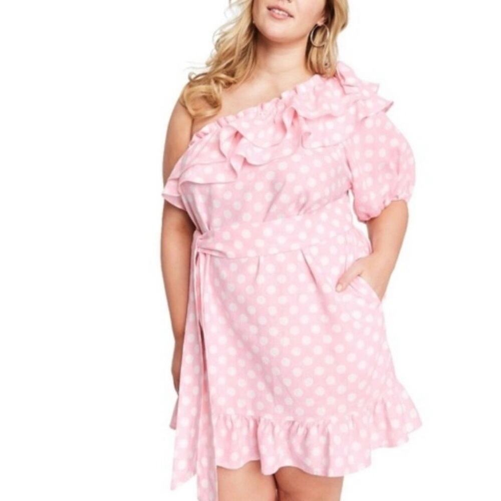LISA MARIE FERNANDEZ One Shoulder Ruffle Mini Dress Pink Polka Dot Medium M